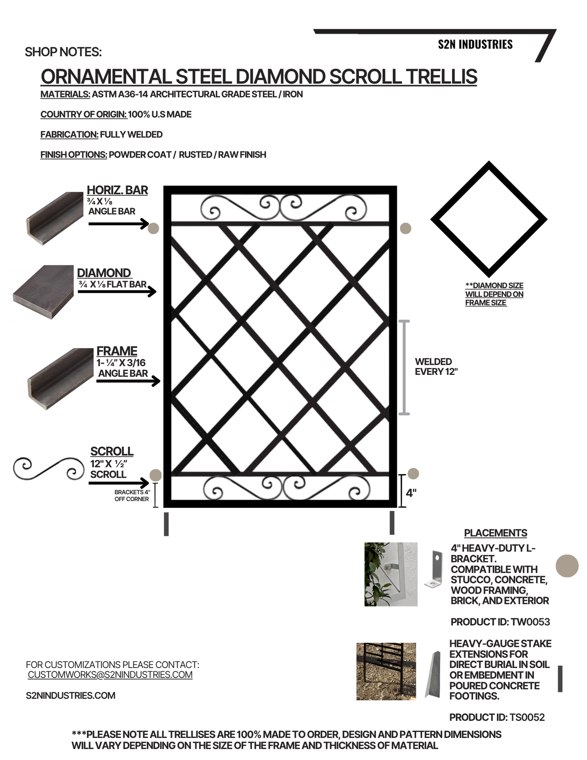 Ornamental Steel Diamond Scroll Wall Trellis