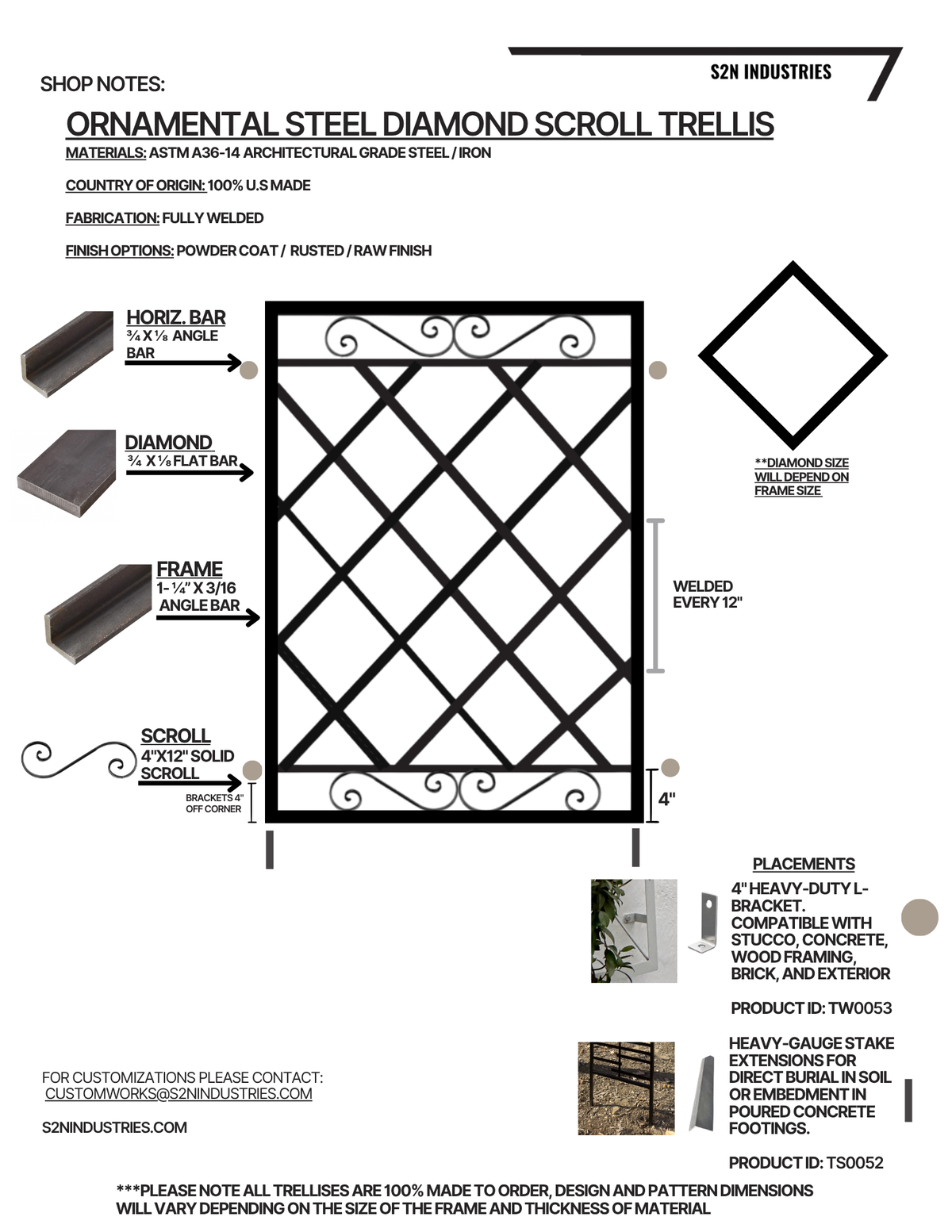 Ornamental Steel Diamond Scroll Wall Trellis