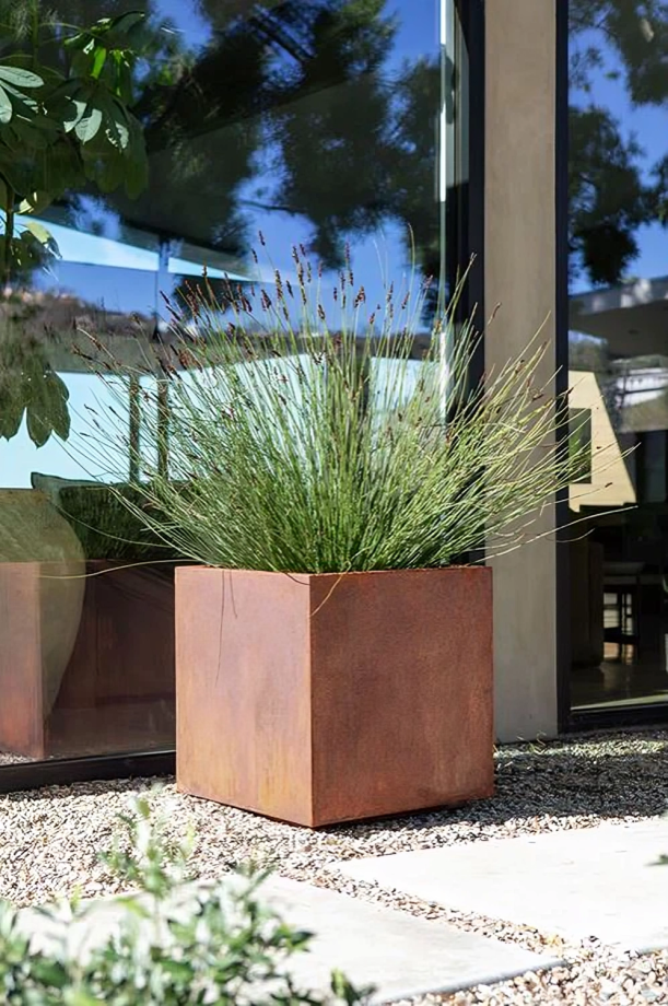 Corten steel planter with grasses in front of a modern building