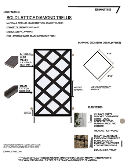 100% Solid Bold Metal Diamond Grid Trellis Fence
