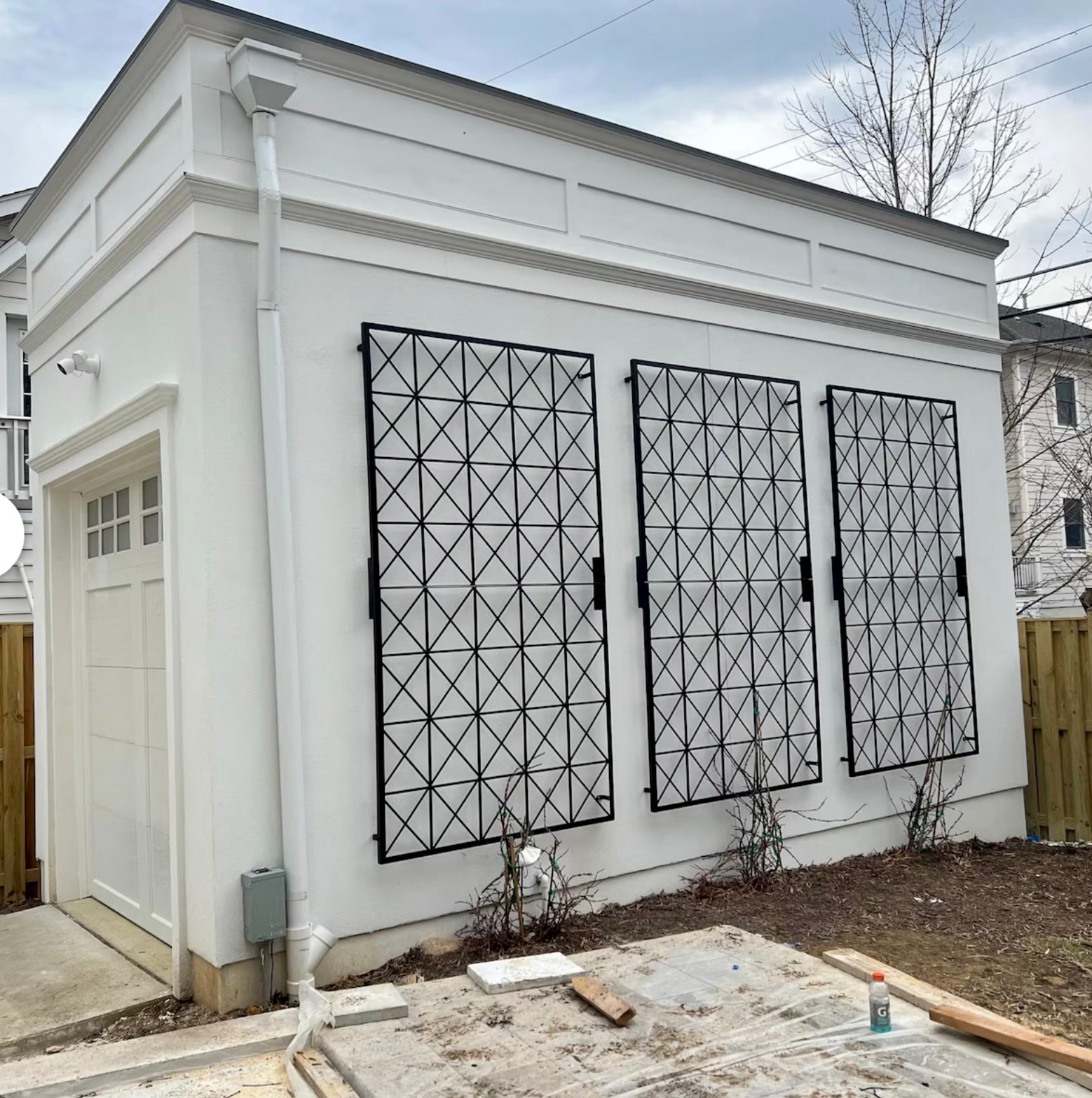 Wall mounted black trellis on white sidewall