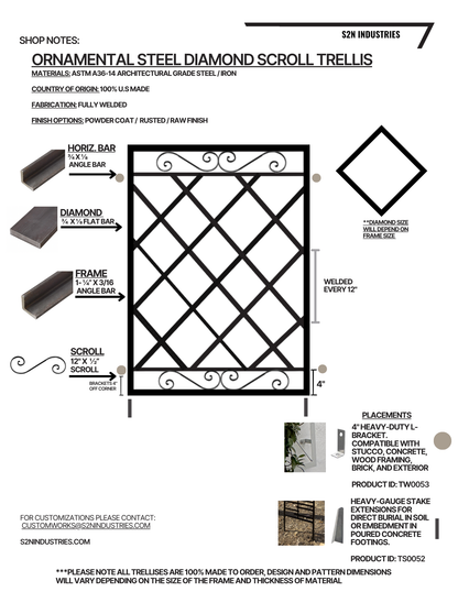 Ornamental Steel Diamond Scroll Wall Trellis