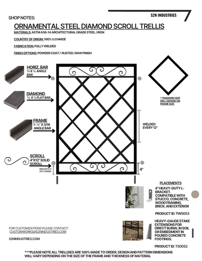 Ornamental Steel Diamond Scroll Wall Trellis