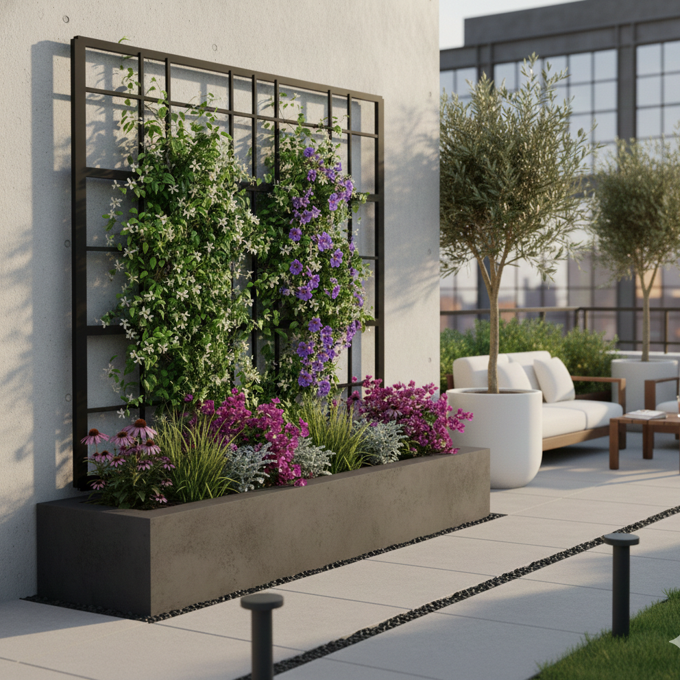 contemporary planter with trellis Modern Urban Overlap Square Grid Metal Garden Trellis Staked Garden Trellis For Plant Support, 5x5