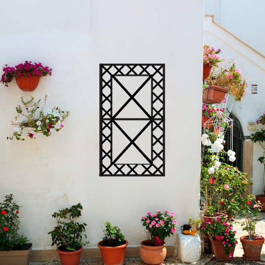 black wall trellis on white wall