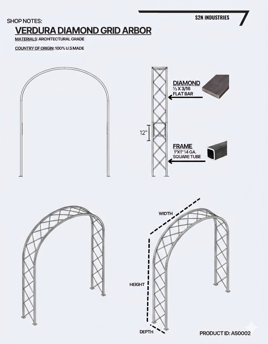 Technical drawing of a Verdura Diamond Grid Arbor with dimensions and materials listed.