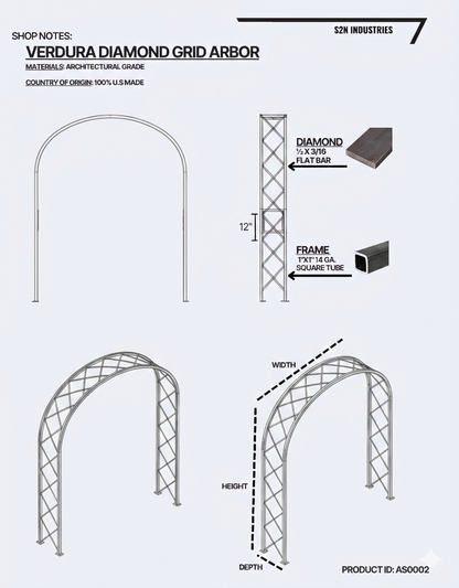 Technical drawing of a Verdura Diamond Grid Arbor with dimensions and materials listed.