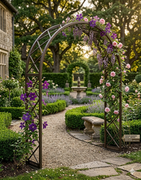 bronze diamond pattern arbor on English garden entrance way