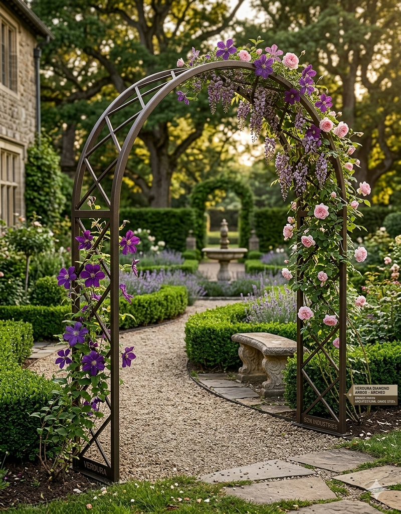 bronze diamond pattern arbor on English garden entrance way