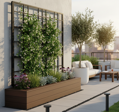Outdoor patio with a wooden planter, decorative plants, and white furniture.