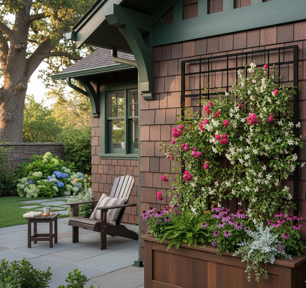 Floral arrangement in a wooden planter against a house exterior