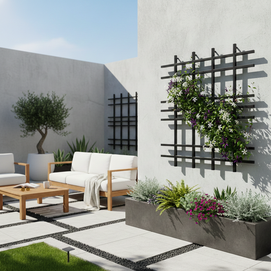 Modern outdoor patio with white furniture, plants, and a wall art piece.