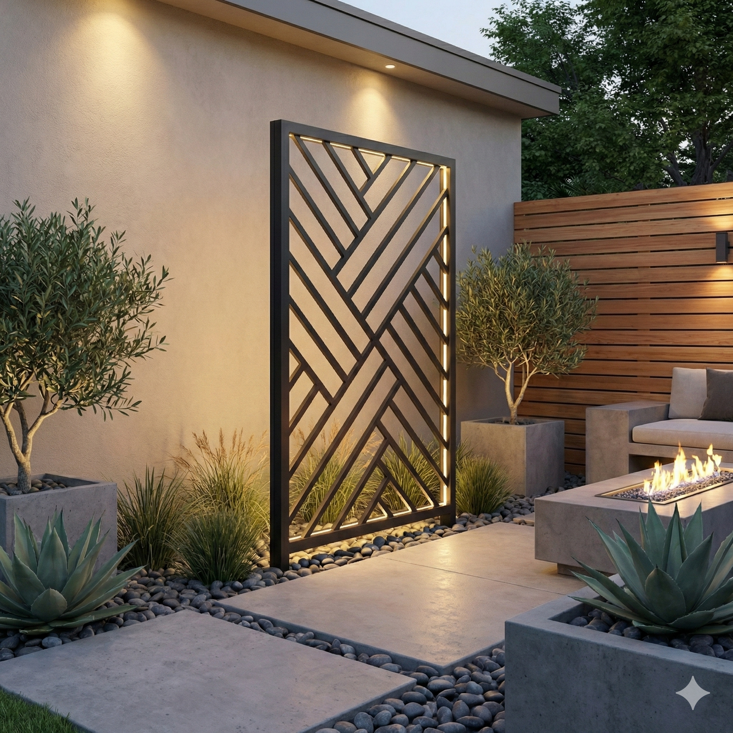 Modern outdoor setting with a geometric metal screen, plants, and a fire pit.