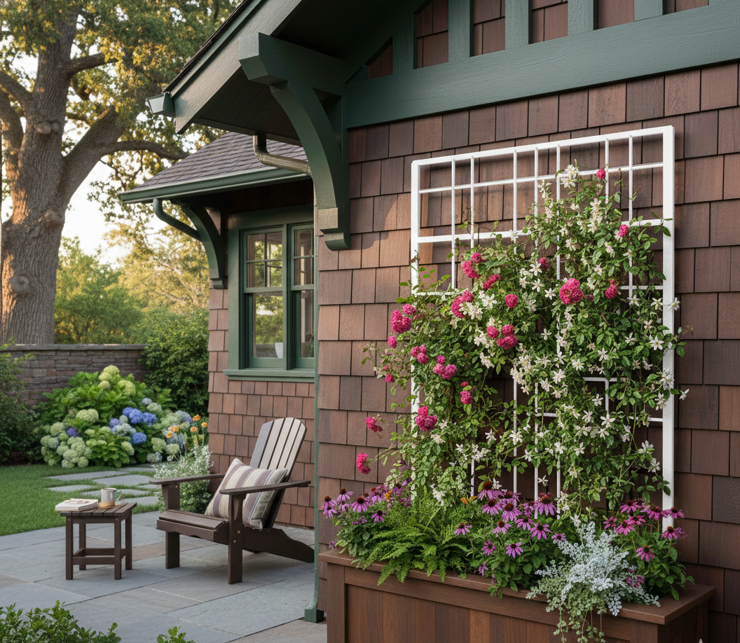 Floral planter with pink and white flowers in front of a house with a green roof.